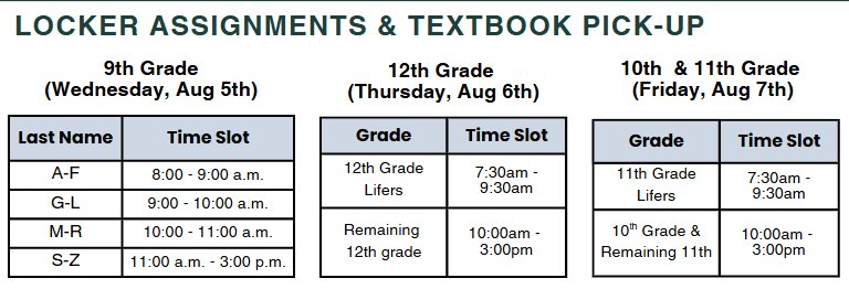 HS locker assignments & textbook pick-up